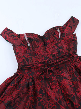 花柄ジャカードオフショルダーミニドレス（女性用） - バーガンディAラインドレス - 夏のプロム、誕生日パーティー、2026年