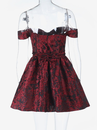 花柄ジャカードオフショルダーミニドレス（女性用） - バーガンディAラインドレス - 夏のプロム、誕生日パーティー、2026年