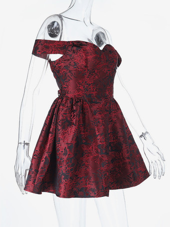 花柄ジャカードオフショルダーミニドレス（女性用） - バーガンディAラインドレス - 夏のプロム、誕生日パーティー、2026年