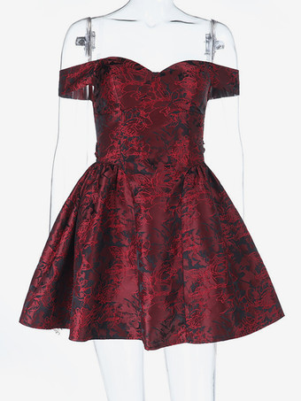 花柄ジャカードオフショルダーミニドレス（女性用） - バーガンディAラインドレス - 夏のプロム、誕生日パーティー、2026年