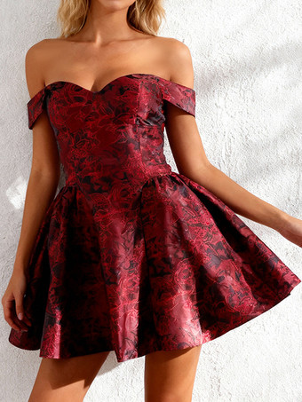 花柄ジャカードオフショルダーミニドレス（女性用） - バーガンディAラインドレス - 夏のプロム、誕生日パーティー、2026年