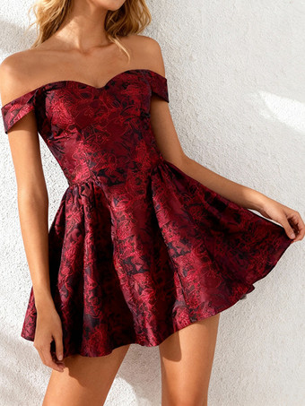 花柄ジャカードオフショルダーミニドレス（女性用） - バーガンディAラインドレス - 夏のプロム、誕生日パーティー、2026年