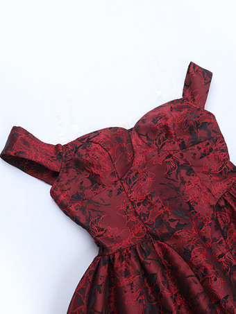 花柄ジャカードオフショルダーミニドレス（女性用） - バーガンディAラインドレス - 夏のプロム、誕生日パーティー、2026年