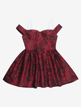 花柄ジャカードオフショルダーミニドレス（女性用） - バーガンディAラインドレス - 夏のプロム、誕生日パーティー、2026年