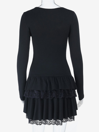 レーススクエアネックミニドレス（レディース） - ブラックゴシックフリルレイヤード長袖ボディコン - 春のナイトアウトクラブウェア 2026