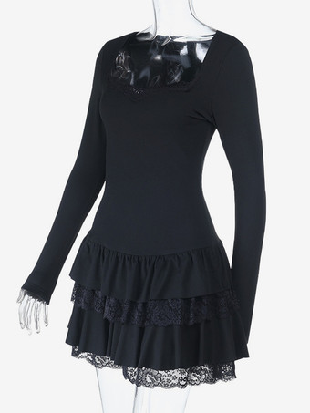 レーススクエアネックミニドレス（レディース） - ブラックゴシックフリルレイヤード長袖ボディコン - 春のナイトアウトクラブウェア 2026