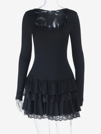 レーススクエアネックミニドレス（レディース） - ブラックゴシックフリルレイヤード長袖ボディコン - 春のナイトアウトクラブウェア 2026
