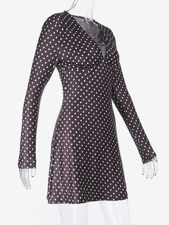 水玉模様のレディースミニドレス - チョコレートブラウンのヴィンテージVネック長袖ボディコン - 2026年春のバケーションパーティー