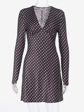 水玉模様のレディースミニドレス - チョコレートブラウンのヴィンテージVネック長袖ボディコン - 2026年春のバケーションパーティー