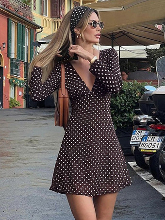 水玉模様のレディースミニドレス - チョコレートブラウンのヴィンテージVネック長袖ボディコン - 2026年春のバケーションパーティー