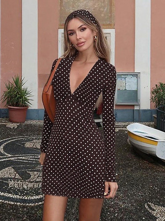 水玉模様のレディースミニドレス - チョコレートブラウンのヴィンテージVネック長袖ボディコン - 2026年春のバケーションパーティー