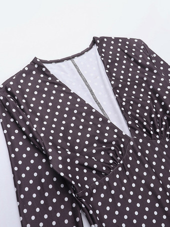 水玉模様のレディースミニドレス - チョコレートブラウンのヴィンテージVネック長袖ボディコン - 2026年春のバケーションパーティー