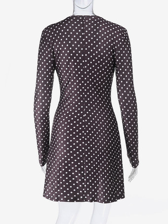 水玉模様のレディースミニドレス - チョコレートブラウンのヴィンテージVネック長袖ボディコン - 2026年春のバケーションパーティー