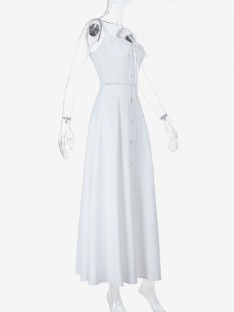 コテージコア風ミディドレス（女性用） - ホワイトのエレガントなタイフロントサマードレス - 夏のガーデンウェディングゲストウェア 2026