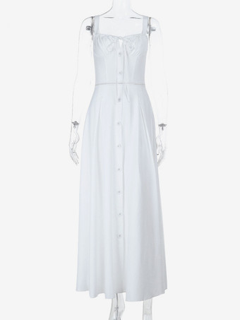 コテージコア風ミディドレス（女性用） - ホワイトのエレガントなタイフロントサマードレス - 夏のガーデンウェディングゲストウェア 2026