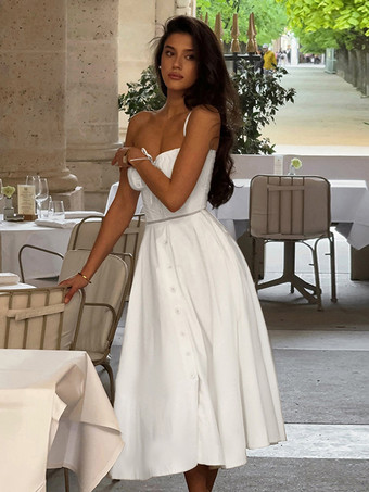 コテージコア風ミディドレス（女性用） - ホワイトのエレガントなタイフロントサマードレス - 夏のガーデンウェディングゲストウェア 2026