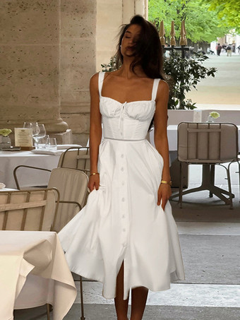 コテージコア風ミディドレス（女性用） - ホワイトのエレガントなタイフロントサマードレス - 夏のガーデンウェディングゲストウェア 2026