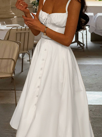 コテージコア風ミディドレス（女性用） - ホワイトのエレガントなタイフロントサマードレス - 夏のガーデンウェディングゲストウェア 2026