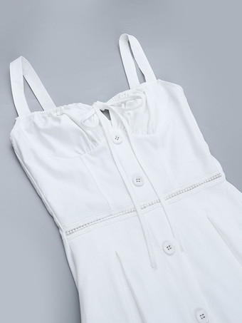 コテージコア風ミディドレス（女性用） - ホワイトのエレガントなタイフロントサマードレス - 夏のガーデンウェディングゲストウェア 2026