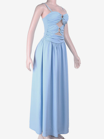 カットアウトマキシドレス（女性用） - ベビーブルー、セクシーなリングディテール、ギャザー入りスパゲッティストラップ - 2026年夏のビーチクルーズバケーション