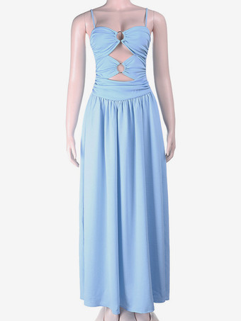 カットアウトマキシドレス（女性用） - ベビーブルー、セクシーなリングディテール、ギャザー入りスパゲッティストラップ - 2026年夏のビーチクルーズバケーション