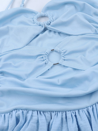 カットアウトマキシドレス（女性用） - ベビーブルー、セクシーなリングディテール、ギャザー入りスパゲッティストラップ - 2026年夏のビーチクルーズバケーション