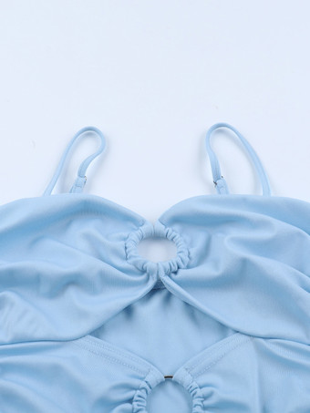 カットアウトマキシドレス（女性用） - ベビーブルー、セクシーなリングディテール、ギャザー入りスパゲッティストラップ - 2026年夏のビーチクルーズバケーション