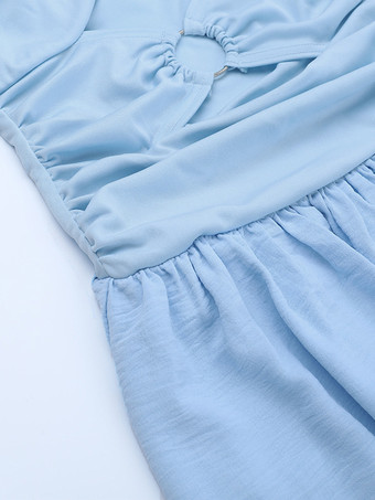 カットアウトマキシドレス（女性用） - ベビーブルー、セクシーなリングディテール、ギャザー入りスパゲッティストラップ - 2026年夏のビーチクルーズバケーション