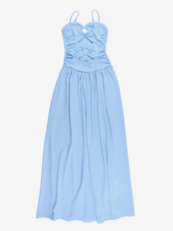 カットアウトマキシドレス（女性用） - ベビーブルー、セクシーなリングディテール、ギャザー入りスパゲッティストラップ - 2026年夏のビーチクルーズバケーション