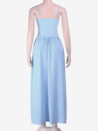 カットアウトマキシドレス（女性用） - ベビーブルー、セクシーなリングディテール、ギャザー入りスパゲッティストラップ - 2026年夏のビーチクルーズバケーション