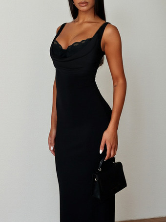 カウルネックマキシドレス（レディース） - ブラックのエレガントなレーストリム付きボディコンロングドレス - 春のイブニングパーティーやカクテルパーティーに最適 2026