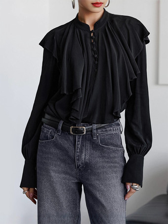 ヴィンテージ風フリルブラウス（レディース） - ブラック、エレガントなボタンアップ、ビクトリア調長袖トップス - 春のオフィスからディナーまで対応 2026