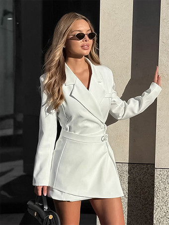 女性用エレガントなミニドレス用ブレザードレス - ラップタイウエスト、ノッチドラペル、スリムフィット - 2026年春のオフィスウェア