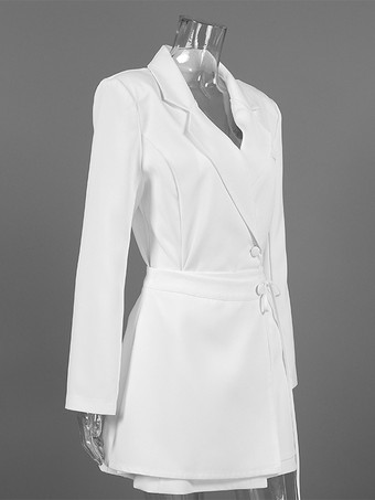 女性用エレガントなミニドレス用ブレザードレス - ラップタイウエスト、ノッチドラペル、スリムフィット - 2026年春のオフィスウェア