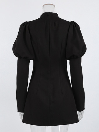 Puff Sleeve Mini Dress For Women Chic Retro Outfit - Black Elegant Stand Collar Slim Fit Bodycon - Spring Desk-to-dinner 2026
