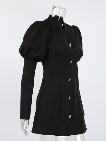 Puff Sleeve Mini Dress For Women Chic Retro Outfit - Black Elegant Stand Collar Slim Fit Bodycon - Spring Desk-to-dinner 2026