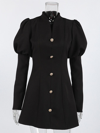 Puff Sleeve Mini Dress For Women Chic Retro Outfit - Black Elegant Stand Collar Slim Fit Bodycon - Spring Desk-to-dinner 2026
