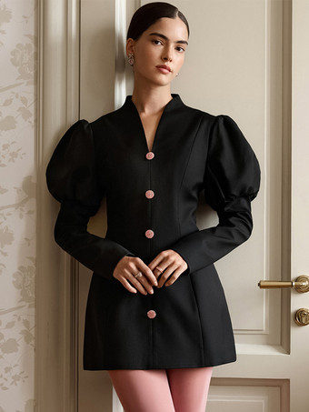 Black Puff Sleeve Mini Dress For Women Chic Retro Outfit - Black Elegant Stand Collar Slim Fit Bodycon - Spring Desk-to-dinner 2026