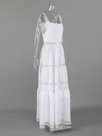 ボヘミアン風ティアードマキシドレス（女性用） - ホワイトレースパッチワークスクエアネックシックなサマードレス - 2026年夏のビーチバケーション