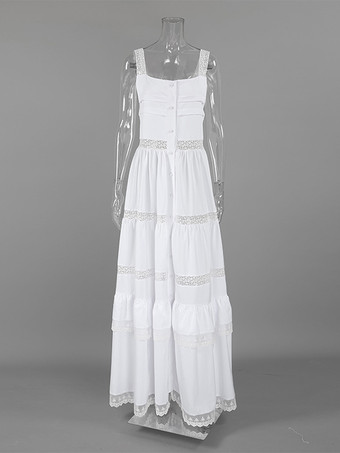 ボヘミアン風ティアードマキシドレス（女性用） - ホワイトレースパッチワークスクエアネックシックなサマードレス - 2026年夏のビーチバケーション