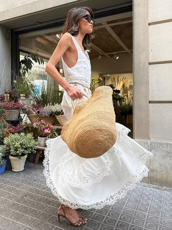 ボヘミアン風ティアードマキシドレス（女性用） - ホワイトレースパッチワークスクエアネックシックなサマードレス - 2026年夏のビーチバケーション