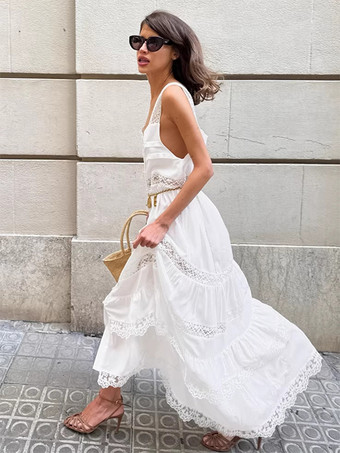 ボヘミアン風ティアードマキシドレス（女性用） - ホワイトレースパッチワークスクエアネックシックなサマードレス - 2026年夏のビーチバケーション