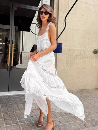 ボヘミアン風ティアードマキシドレス（女性用） - ホワイトレースパッチワークスクエアネックシックなサマードレス - 2026年夏のビーチバケーション