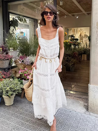 ボヘミアン風ティアードマキシドレス（女性用） - ホワイトレースパッチワークスクエアネックシックなサマードレス - 2026年夏のビーチバケーション