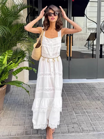 ボヘミアン風ティアードマキシドレス（女性用） - ホワイトレースパッチワークスクエアネックシックなサマードレス - 2026年夏のビーチバケーション