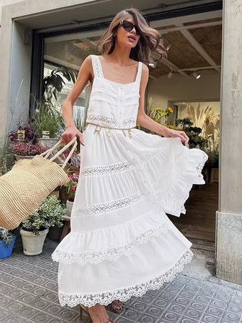 ホワイト ボヘミアン風ティアードマキシドレス（女性用） - ホワイトレースパッチワークスクエアネックシックなサマードレス - 2026年夏のビーチバケーション