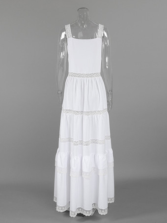 ボヘミアン風ティアードマキシドレス（女性用） - ホワイトレースパッチワークスクエアネックシックなサマードレス - 2026年夏のビーチバケーション
