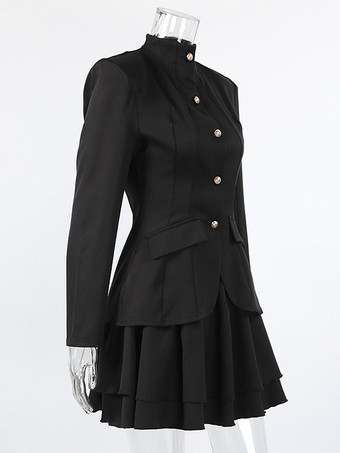 ミリタリー風ブレザースカートセット（レディース）シックなツーピース衣装 - ブラック ヴィンテージ スタンドカラー スリムフィット - 春のパーティウェア 2026