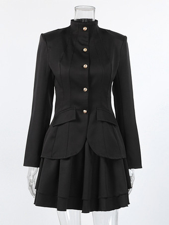 ミリタリー風ブレザースカートセット（レディース）シックなツーピース衣装 - ブラック ヴィンテージ スタンドカラー スリムフィット - 春のパーティウェア 2026