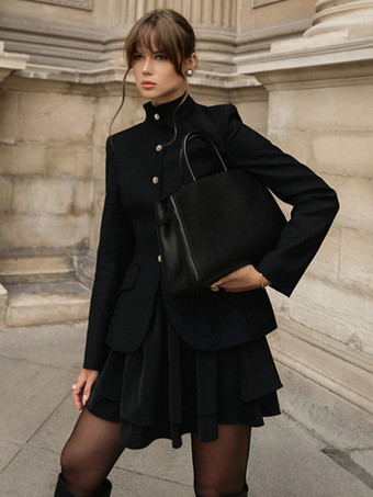 ミリタリー風ブレザースカートセット（レディース）シックなツーピース衣装 - ブラック ヴィンテージ スタンドカラー スリムフィット - 春のパーティウェア 2026
